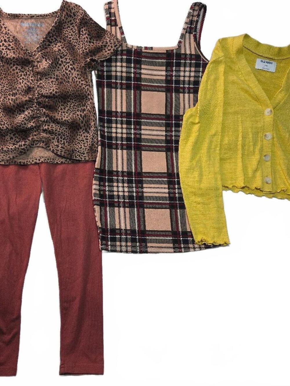 Girls Size 7/8 Lot – Leopard Top, Plaid Dress, Yellow Cardigan & OshKosh Pants